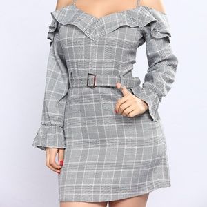 FashionNova Gray Plaid Cold Shoulder Dress in L